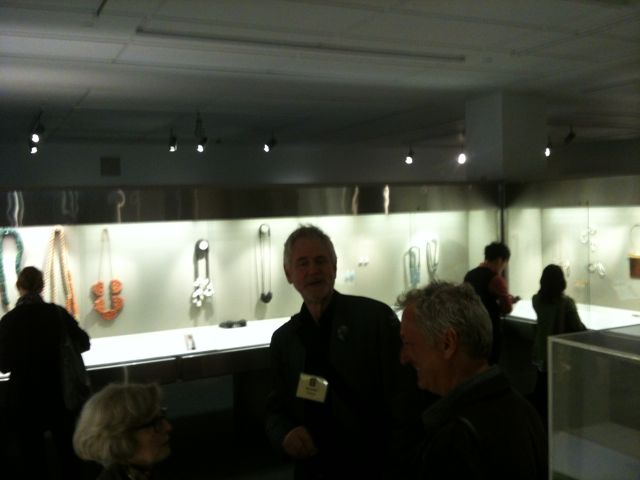 At the Gardiner, discussing the exhibition, are Jewellery Greats: Norman Cherry, UK, (centre), Pamela Ritchie, NSDCC, (left), and Mike Holmes of Velvet DaVinci of San Francisco (right)