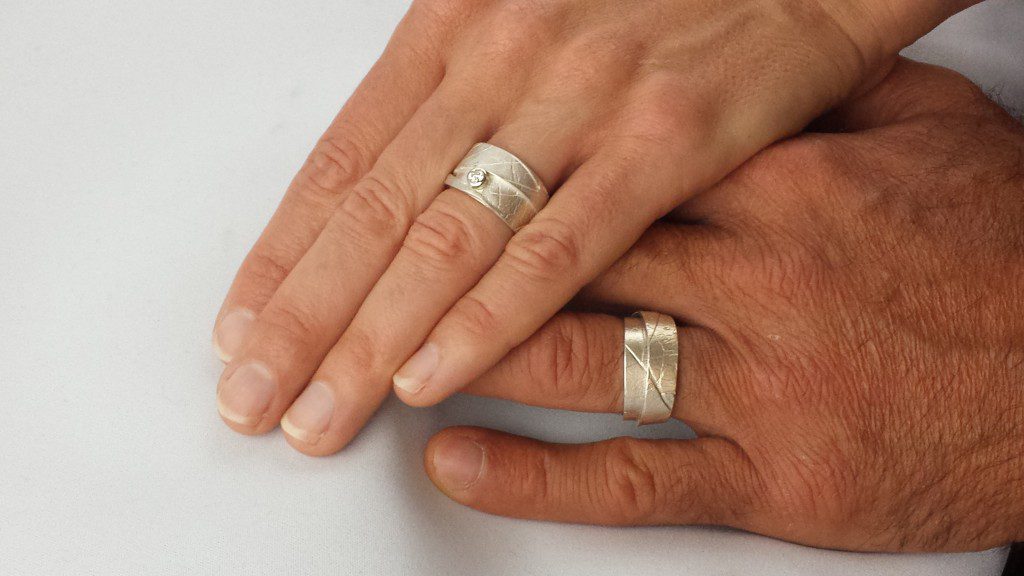 I especially created this set of MapleWrap wedding bands for a lovely (and very trending!) Halifax couple, with a Canadian diamond for her.