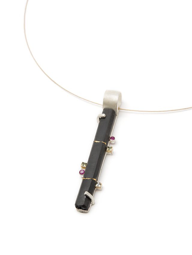 'Paris', necklace. Black tourmaline, sterling silver, 14k and 24k gold, sapphires, rubies