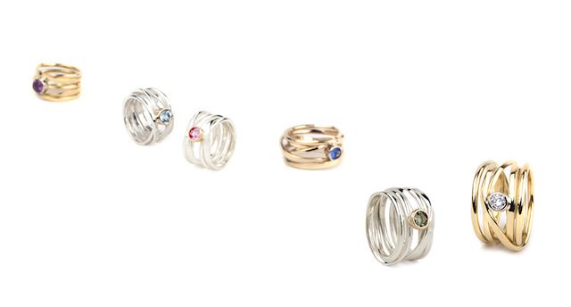 Silver or 18k gold rings with ethically mined diamonds or coloured gemstones set in 18k gold