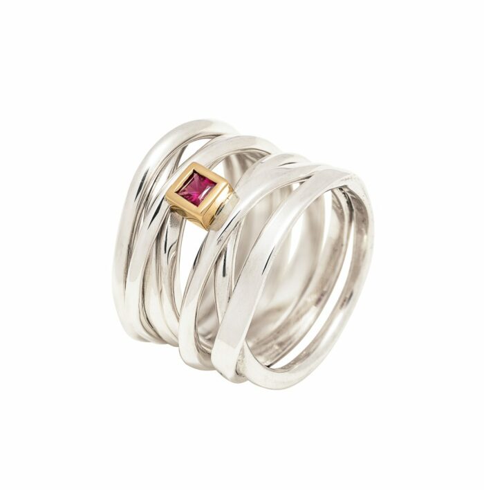 sterling silver ring with princess cut ruby in 18ky gold