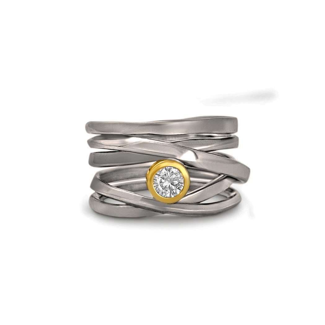 One-of-a-Kind #280 || 18k palladium white gold Onefooter Ring with Canadian diamond set in 18k yellow gold, Size 8