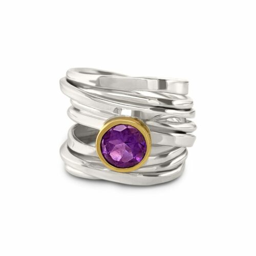 Twofooter ring, sterling silver, Size 9.5, with 8mm Amethyst, set in 18k yellow gold bezel. One-Of-A-Kind #282