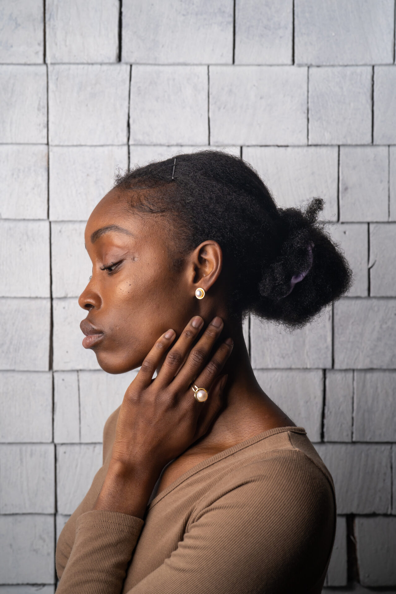 MoonPearl Editorial Featuring Ring with Kasumiga Pearl and Stud Rim Earrings in 18k Yellow Gold - Full - by Dorothee Rosen