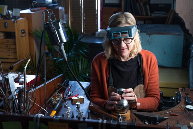 Dorothee making handmade jewellery in her Halifax studio