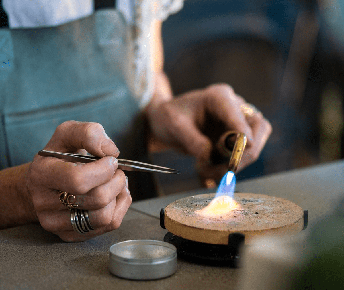 Dorothee Rosen on the bench in studio One of a Kind Sterling Silver rings