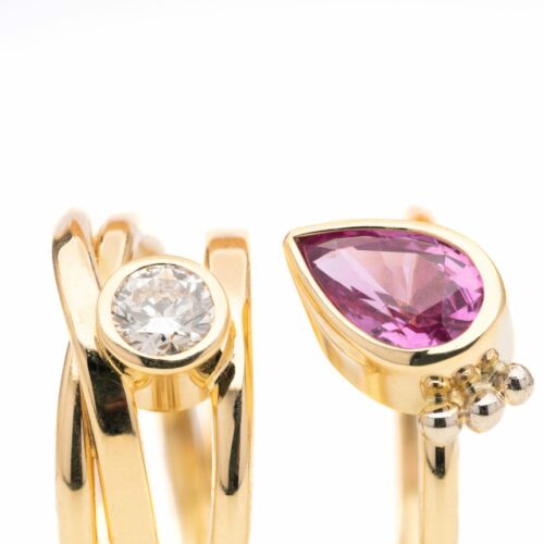 Custom 18K Yellow Gold Ring with Diamond and Sapphire by Dorothée Rosen