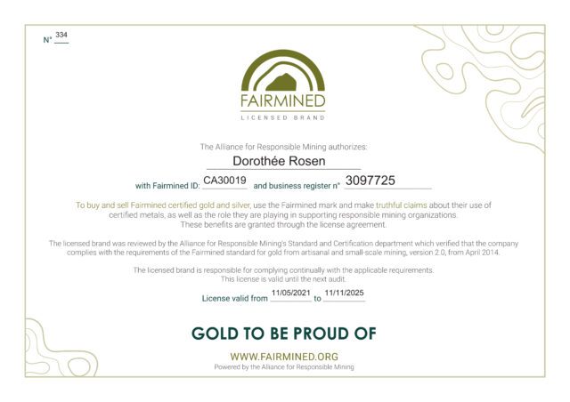 Fairmined License Certificate Ethical Sustainable Eco Gold for Dorothee Rosen