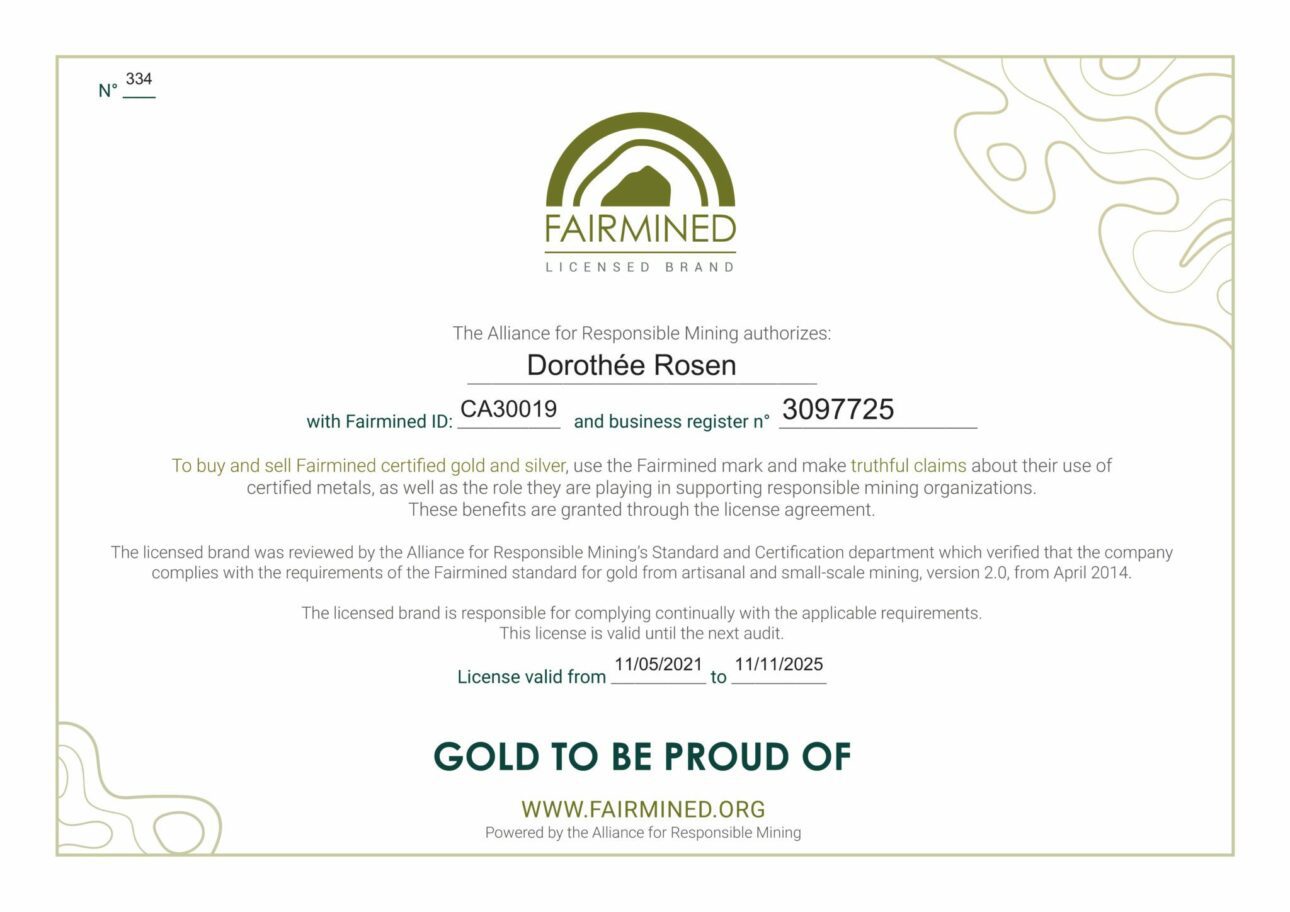 Fairmined License Certificate Ethical Sustainable Eco Gold for Dorothee Rosen