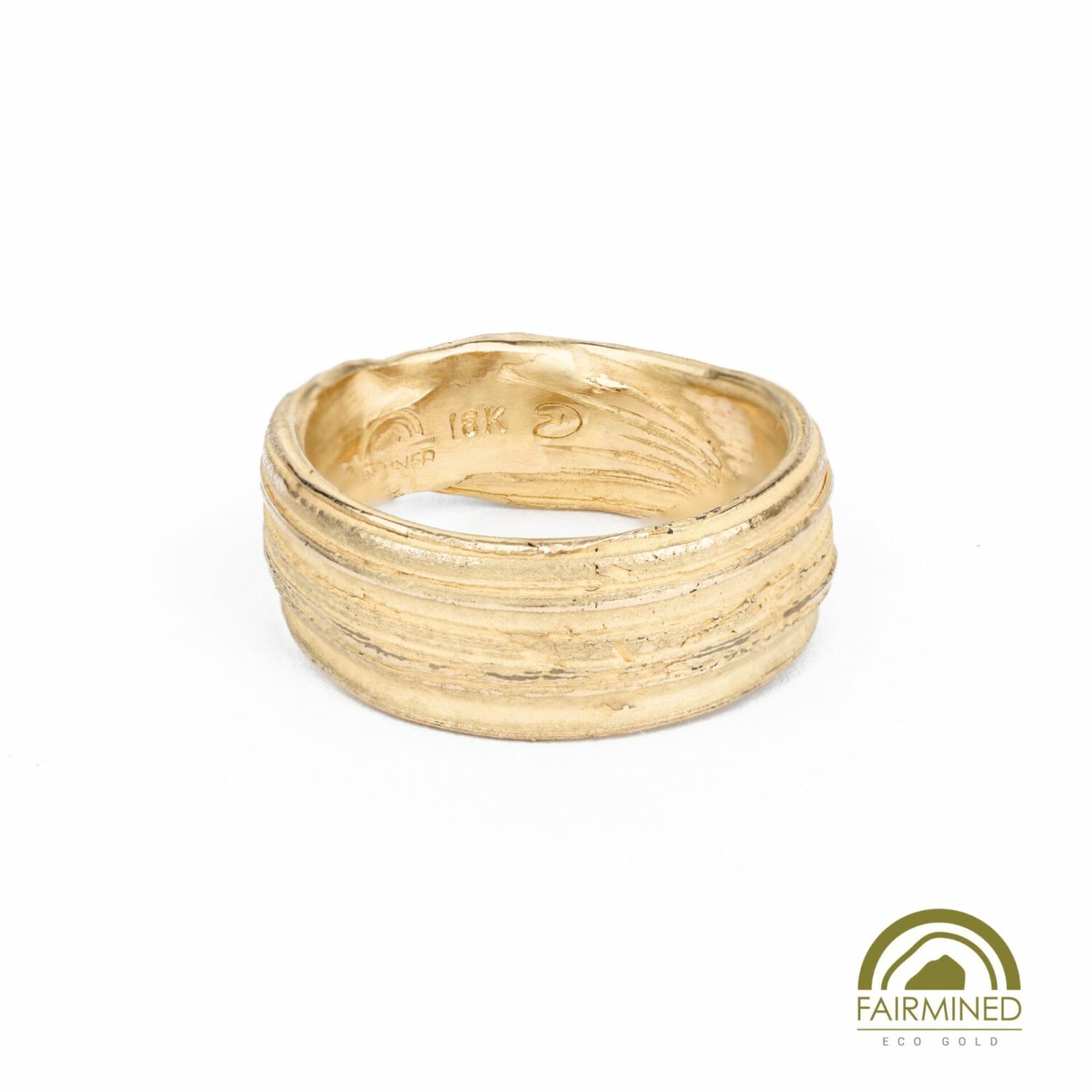 gold ring with texture of bark or driftwood, wide band, size 9, bright yellow 18k gold