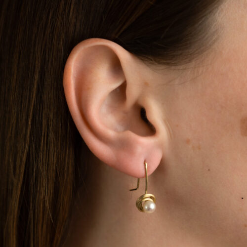Orbit DROPS Earrings - 18kyg - pearl - On Body (2 of 2) by Dorothee Rosen