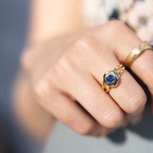 Dorothee Rosen Knot Ring and Eco Fairmined Flow Rings in 18k Yellow Gold and Sapphire